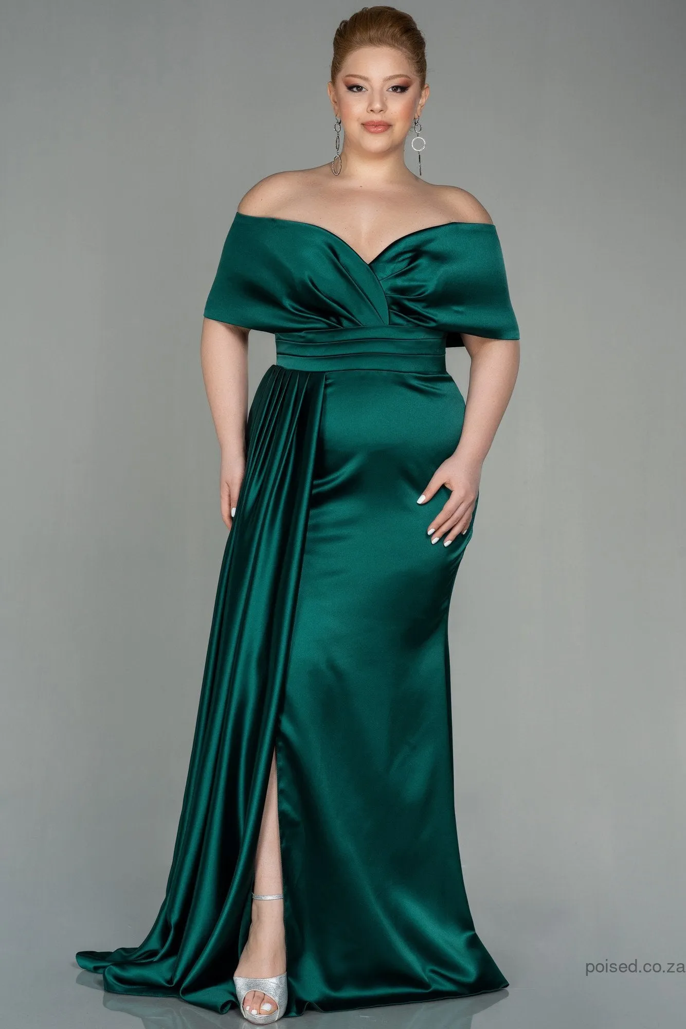 30222 Emerald Green Draped Slit Strapless Satin Dress