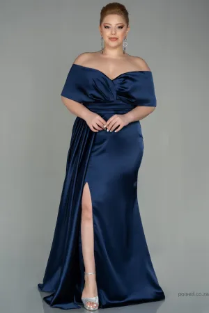 30223 Navy Blue Draped Slit Strapless Satin Dress