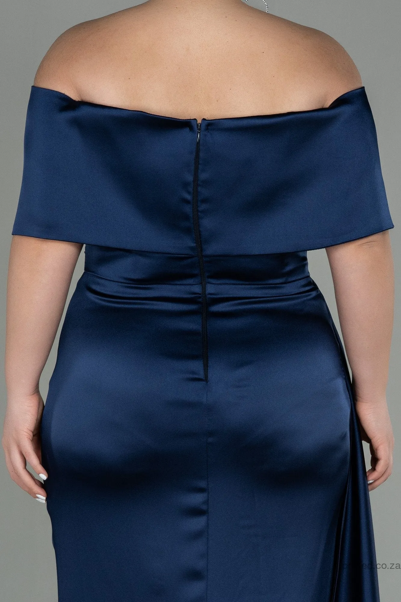 30223 Navy Blue Draped Slit Strapless Satin Dress