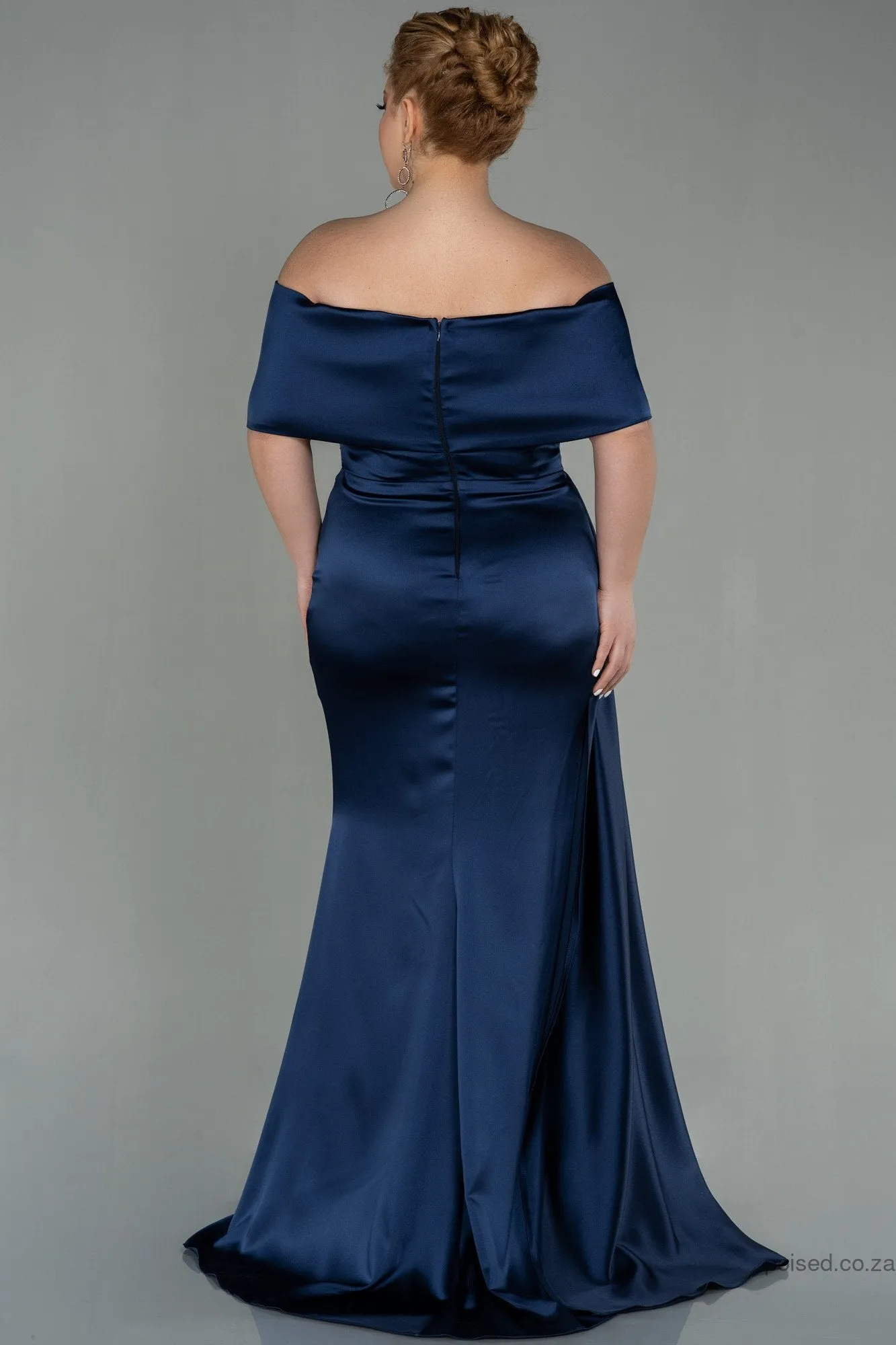 30223 Navy Blue Draped Slit Strapless Satin Dress