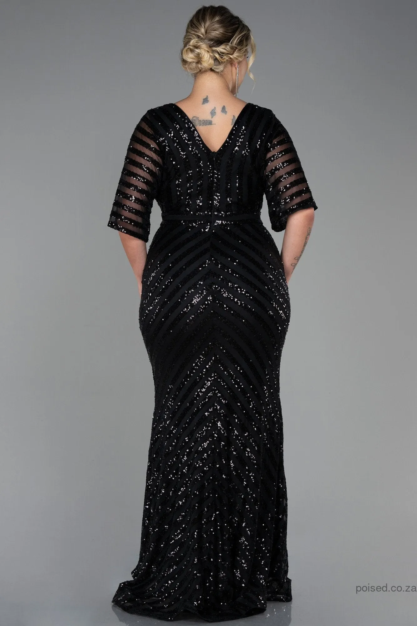 30228 Black Sheer Sleeve Sequins Mermaid Dress