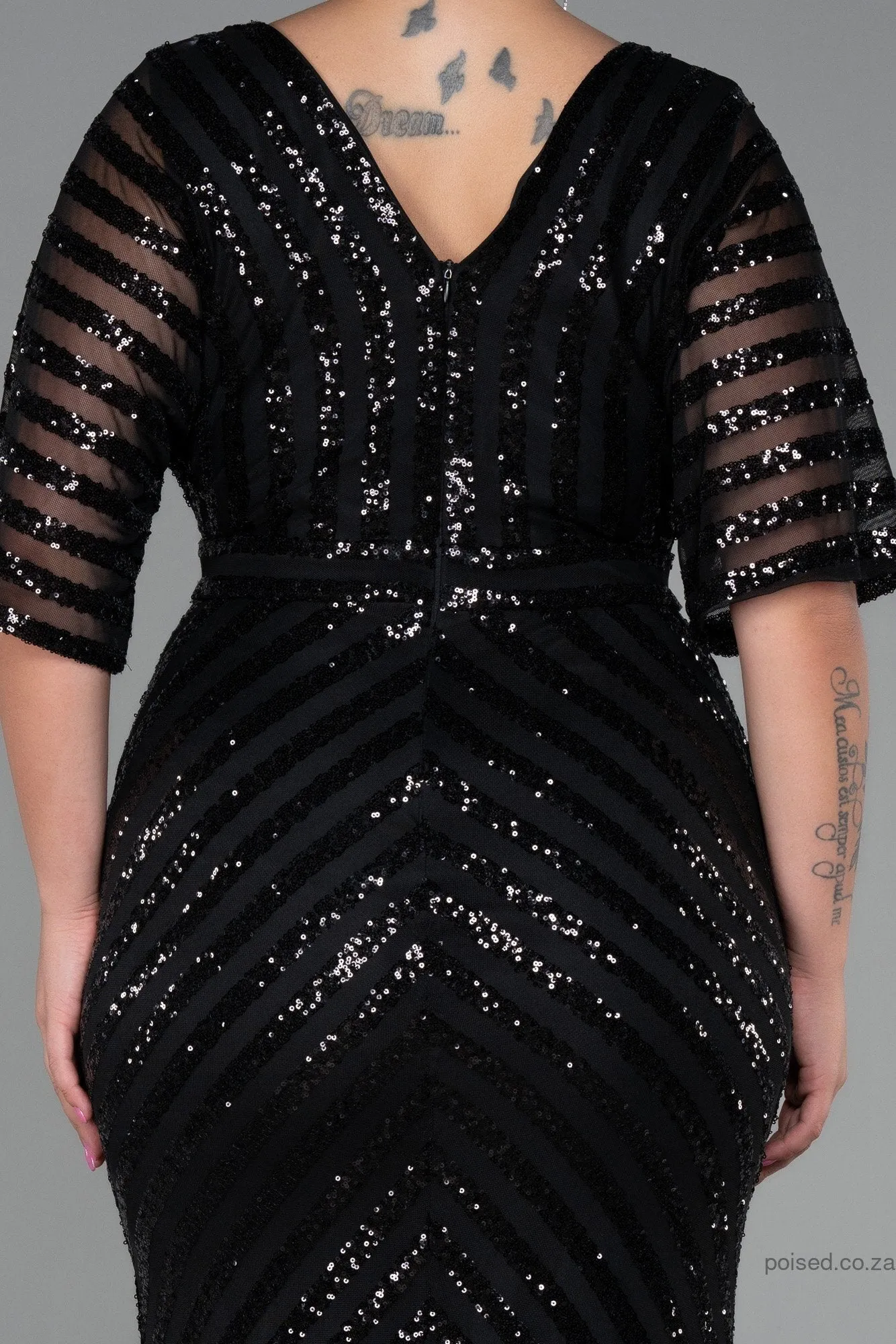 30228 Black Sheer Sleeve Sequins Mermaid Dress