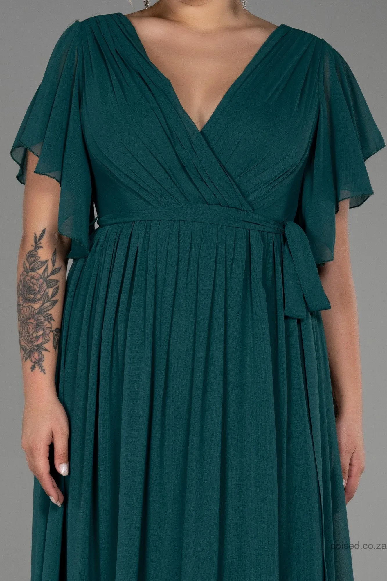 30233 Emerald Green Sheer Sleeve Empire Chiffon Dress