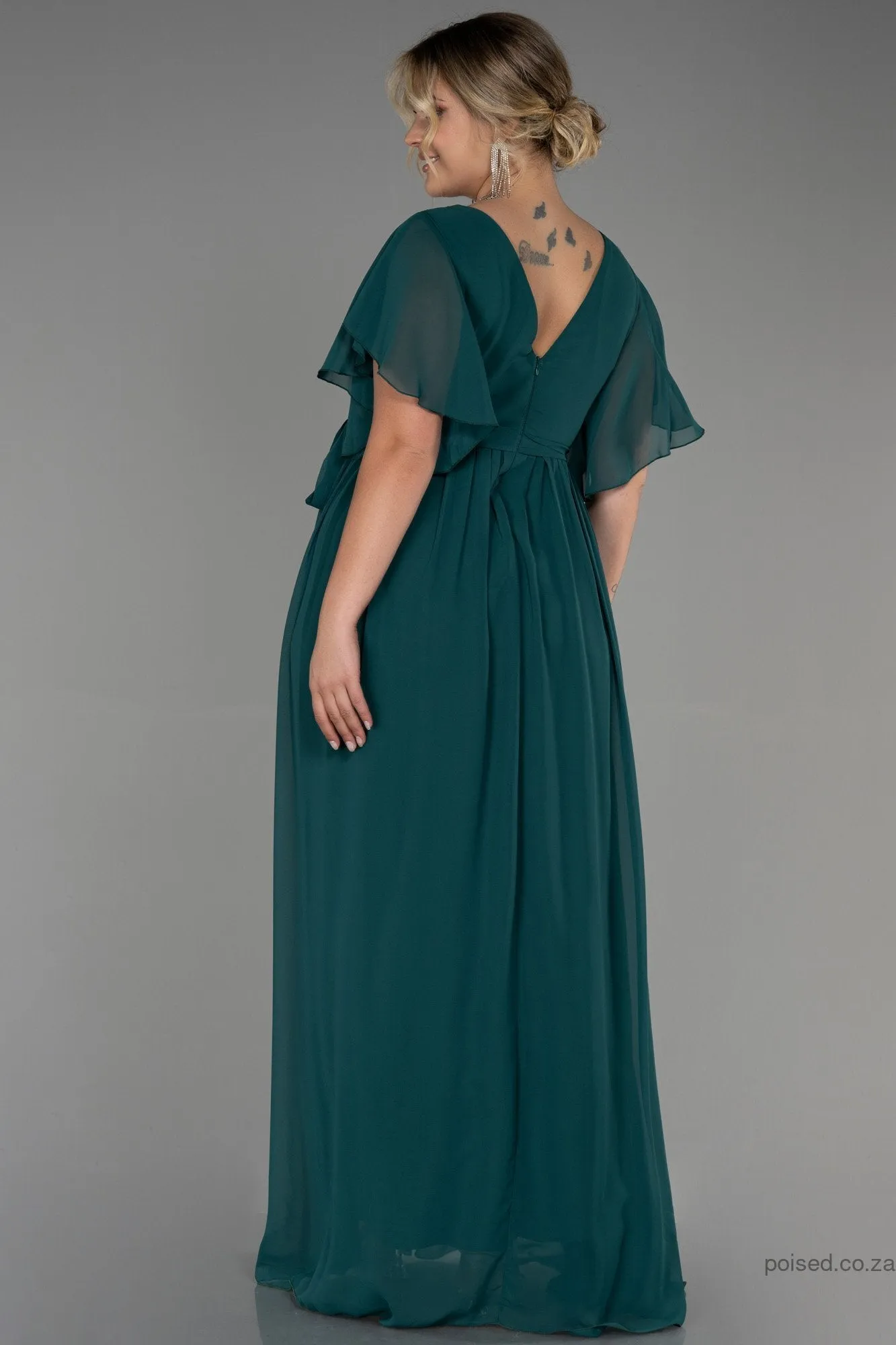 30233 Emerald Green Sheer Sleeve Empire Chiffon Dress