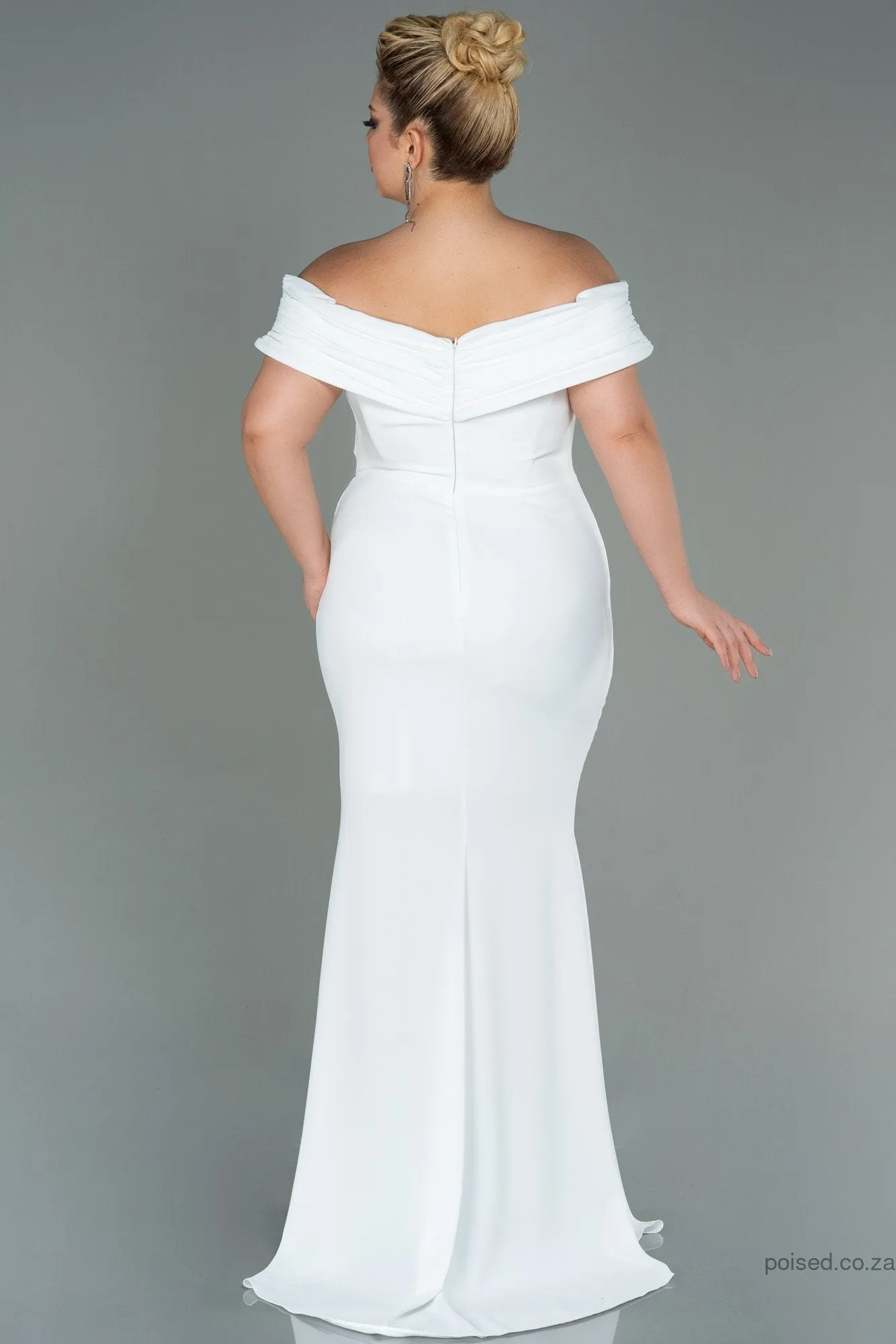 30244 Off-White Draped Off-Shoulder Slit Dress