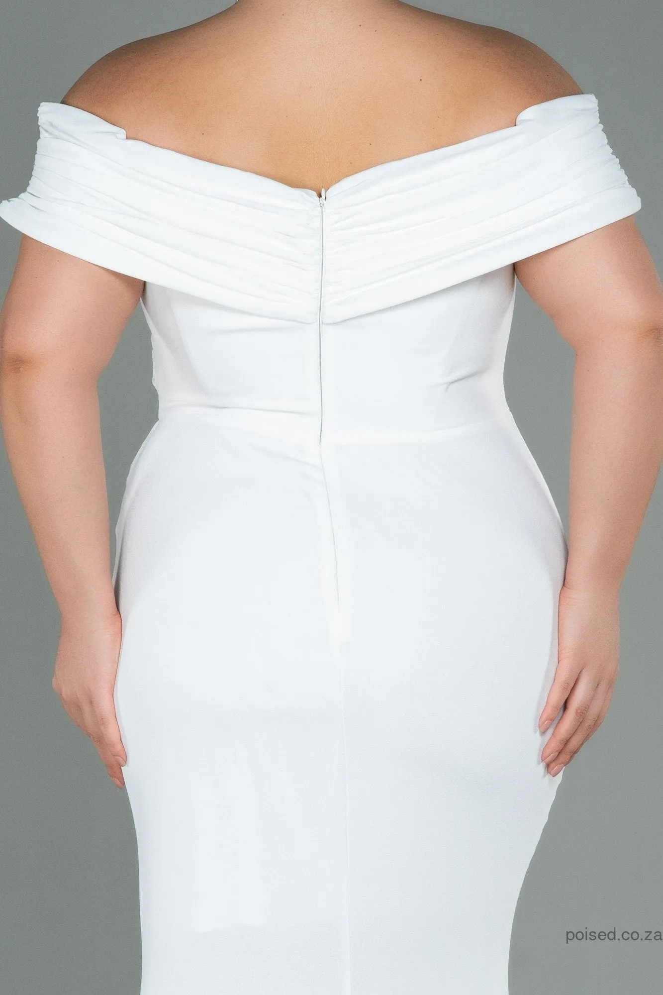30244 Off-White Draped Off-Shoulder Slit Dress