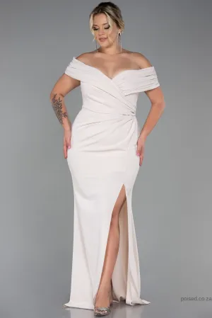 30245 Beige Draped Off-Shoulder Slit Dress