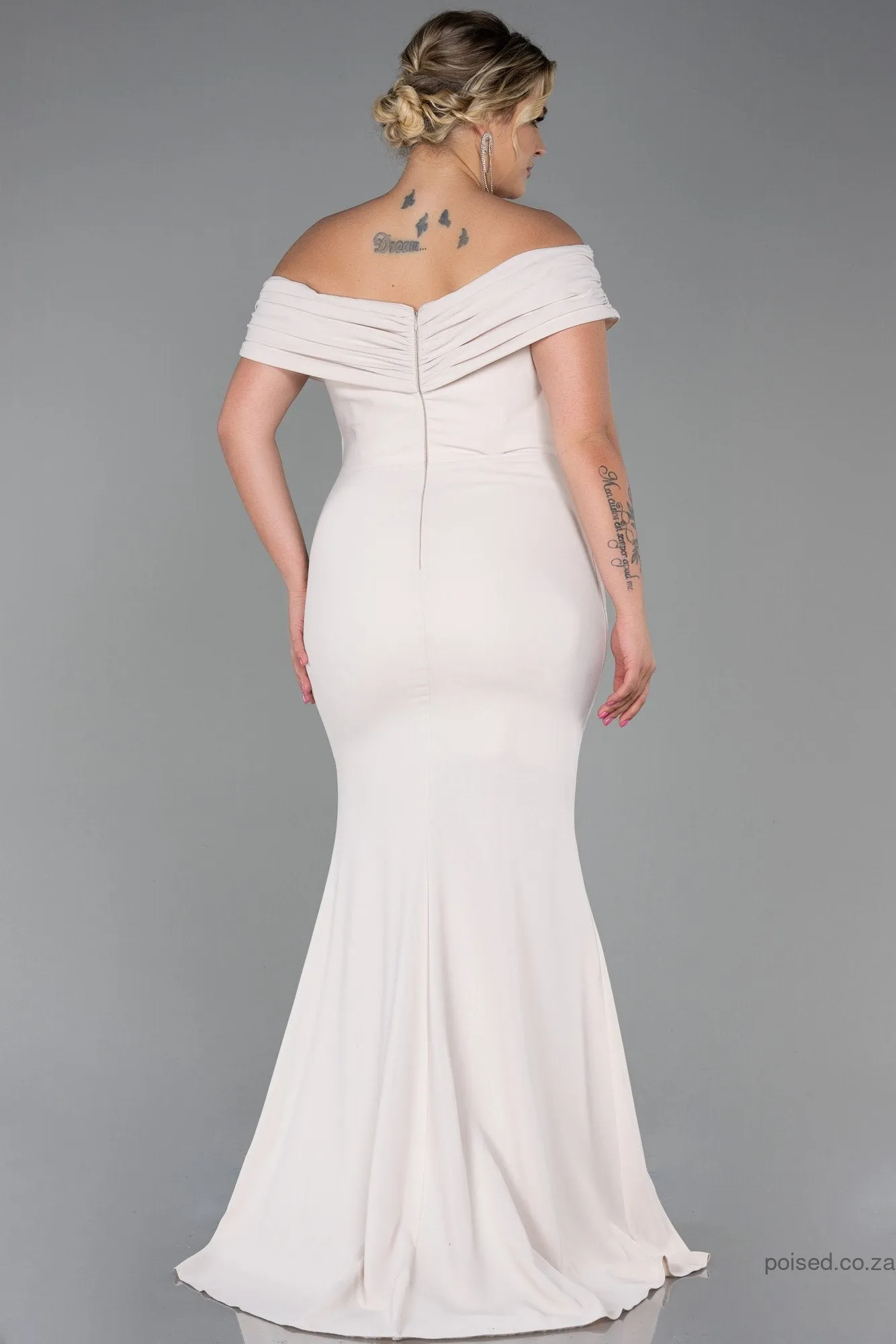 30245 Beige Draped Off-Shoulder Slit Dress