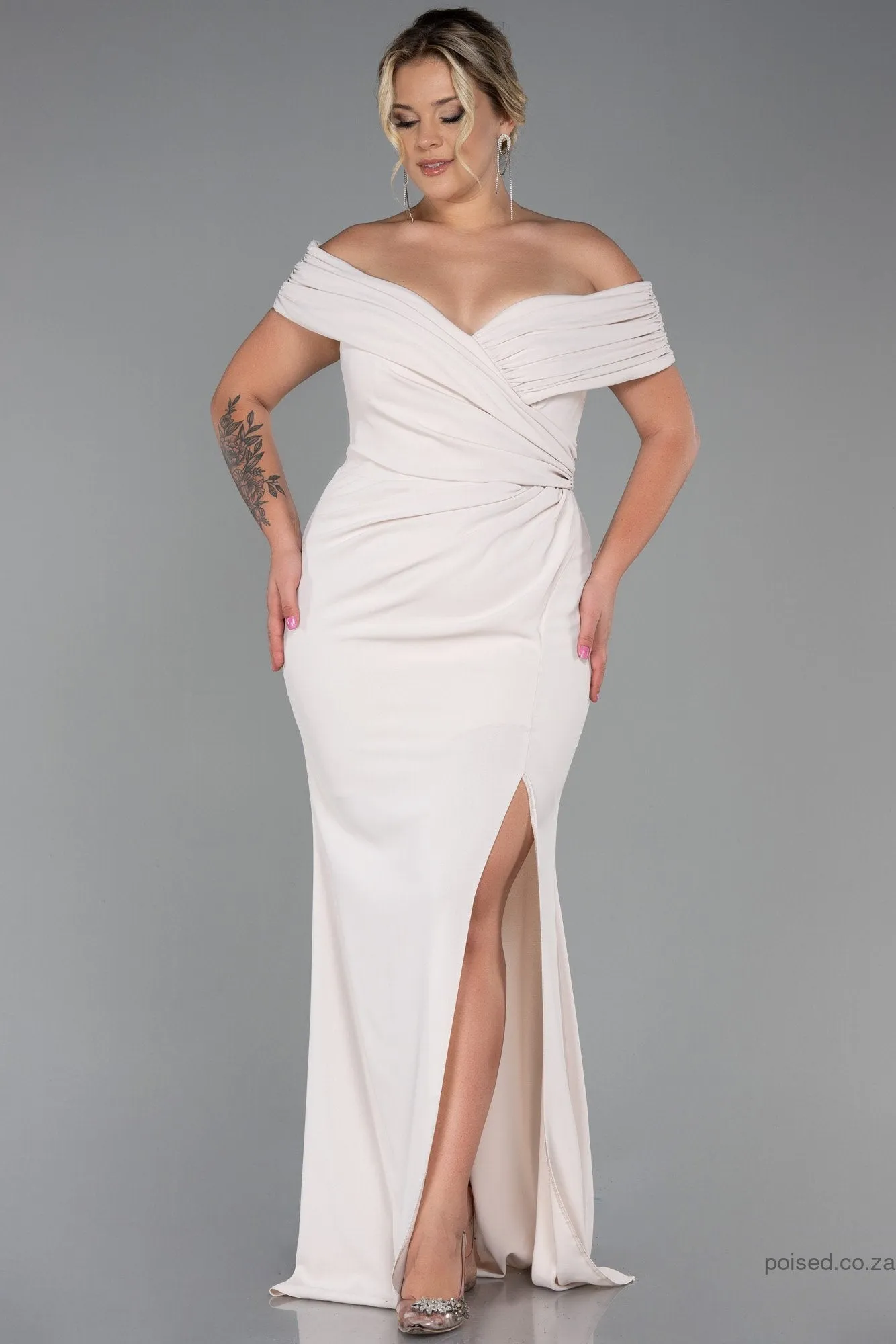 30245 Beige Draped Off-Shoulder Slit Dress