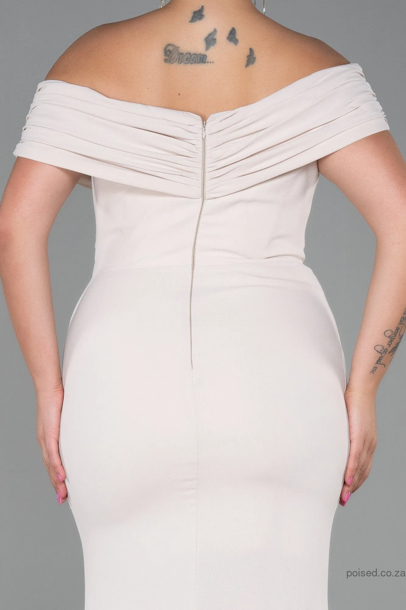 30245 Beige Draped Off-Shoulder Slit Dress