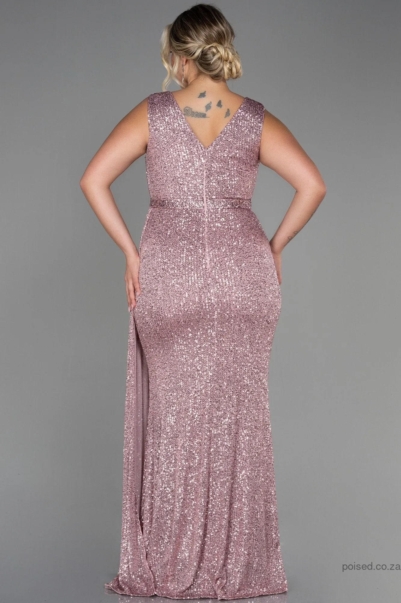 30246 Dusty Rose Draped Sequins Slit Dress