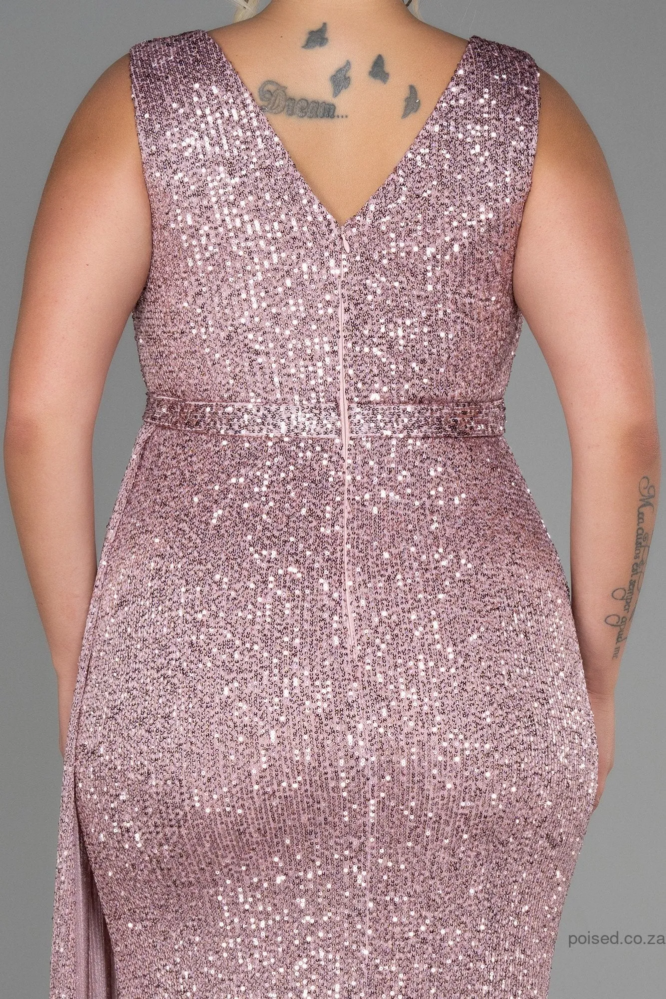 30246 Dusty Rose Draped Sequins Slit Dress