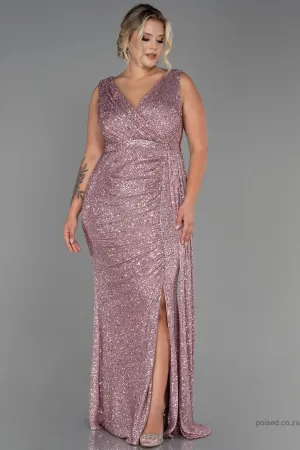 30246 Dusty Rose Draped Sequins Slit Dress