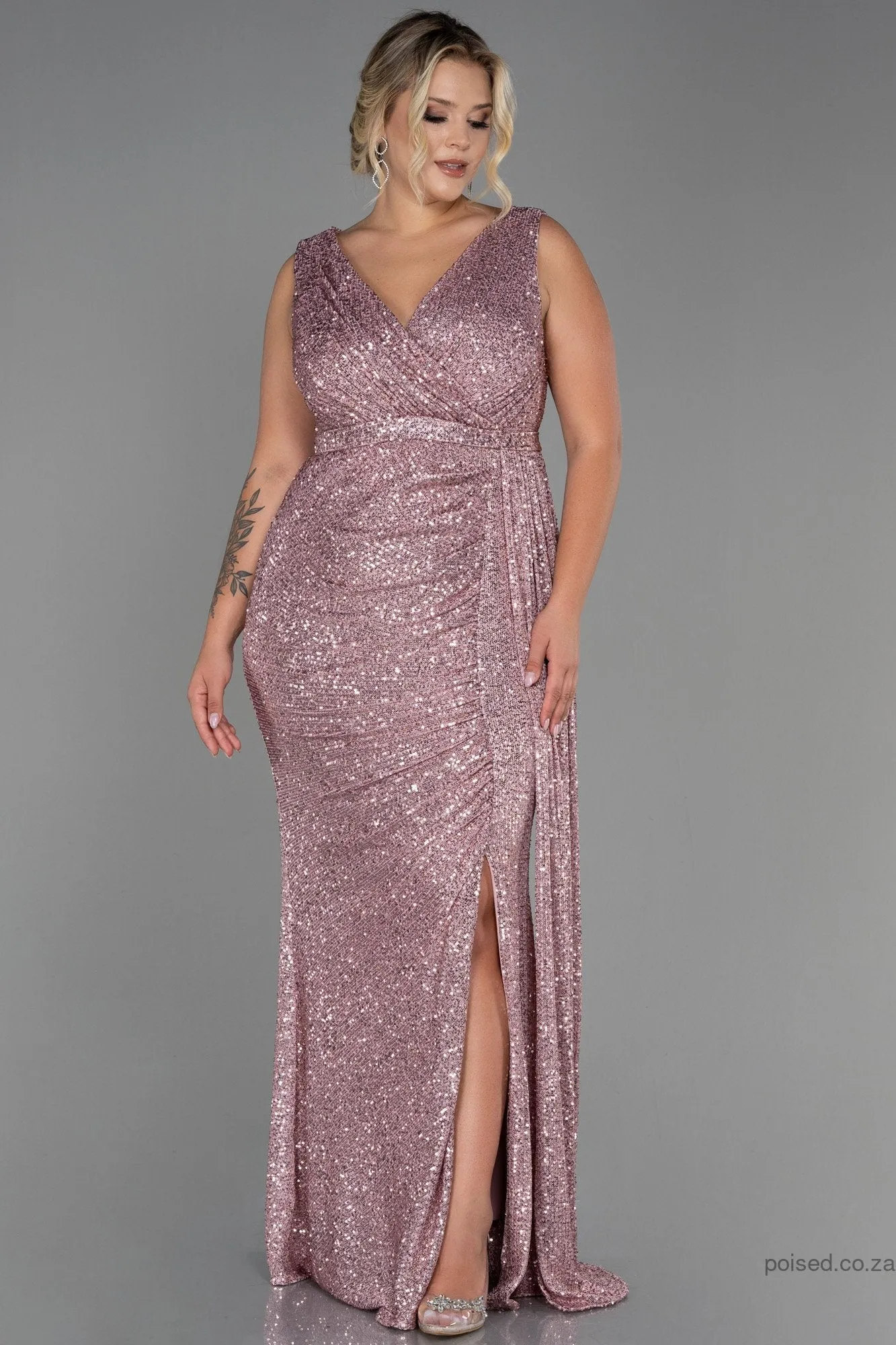 30246 Dusty Rose Draped Sequins Slit Dress