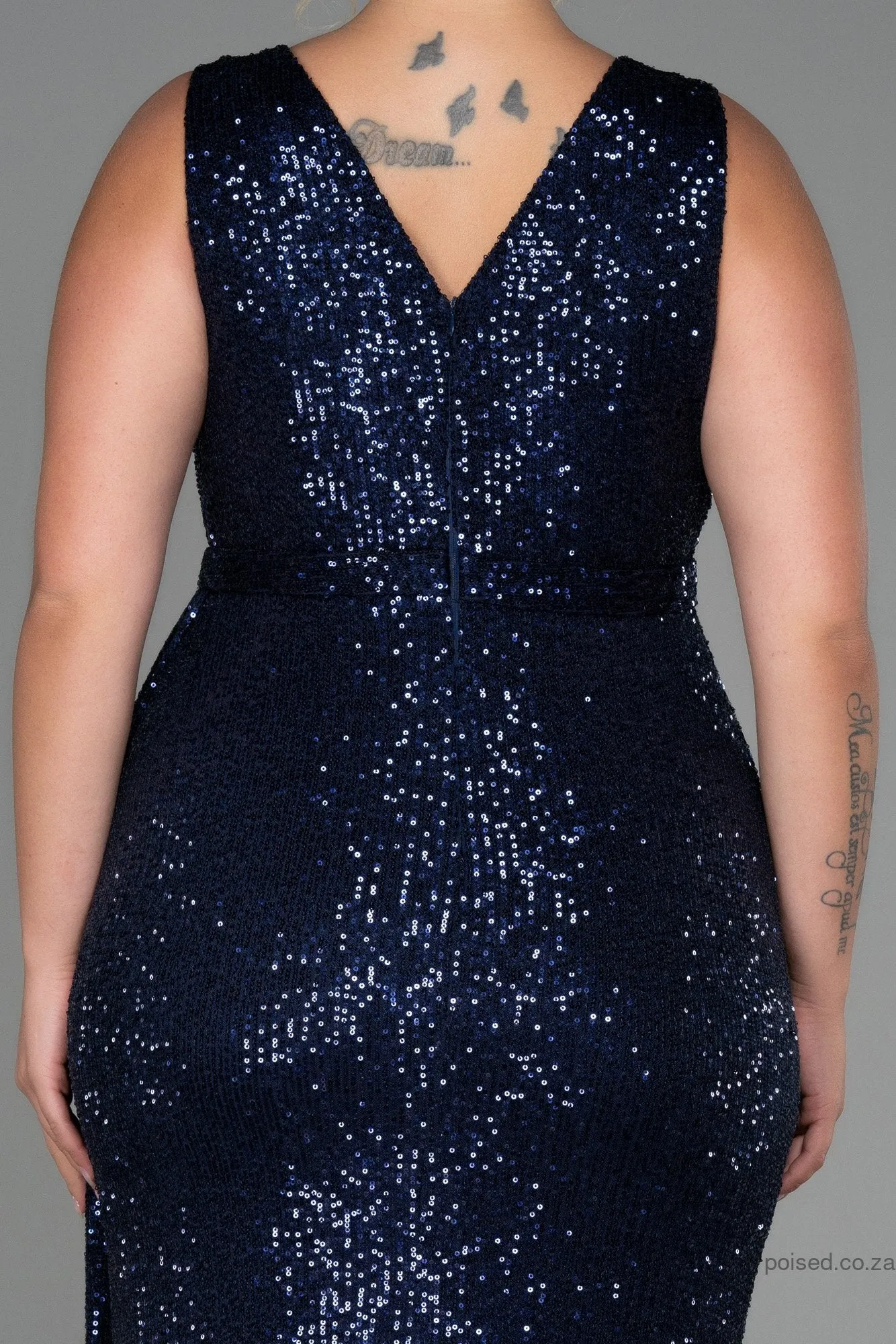 30247 Navy Blue SDraped Sequins Slit Dress