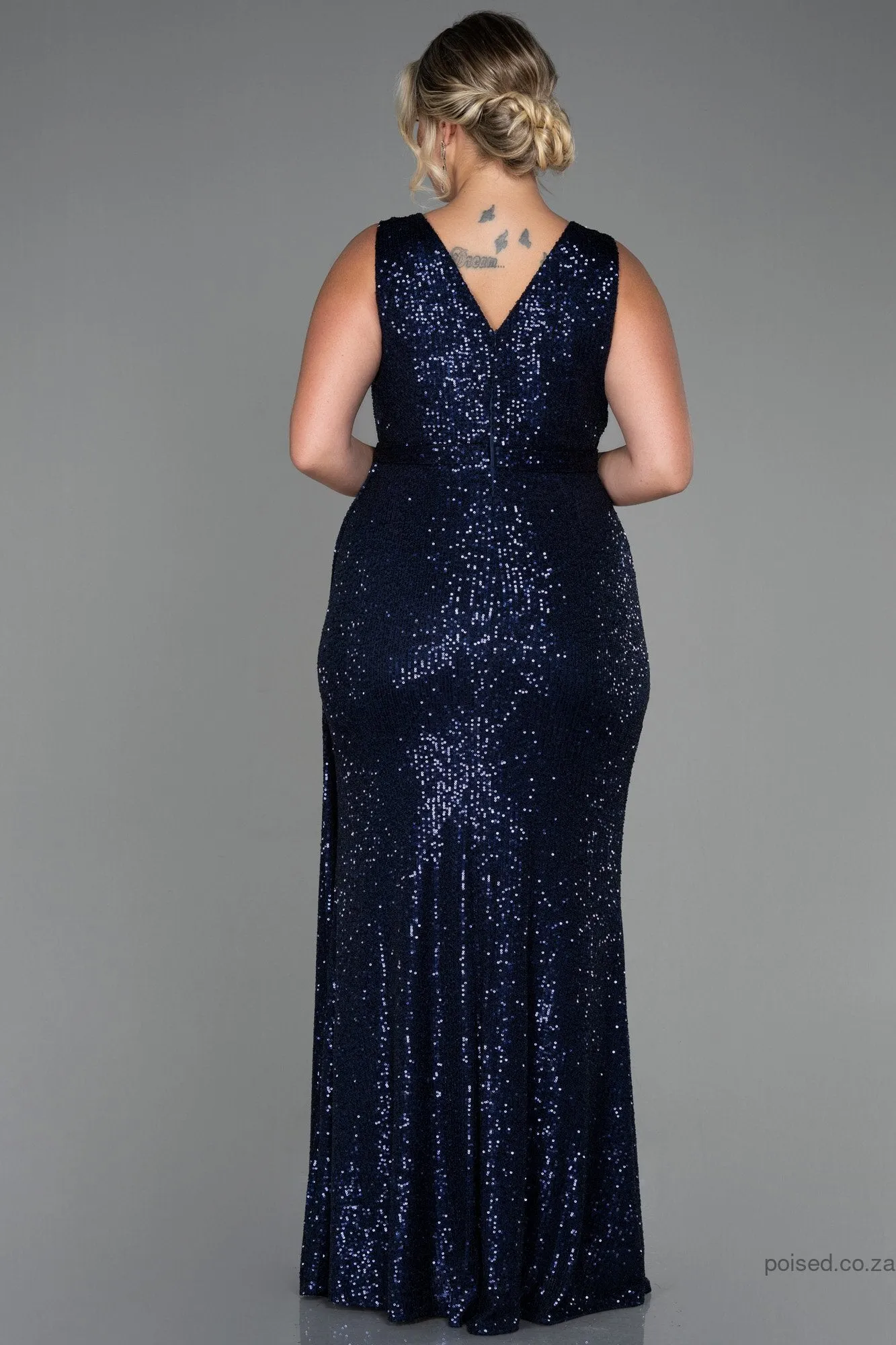 30247 Navy Blue SDraped Sequins Slit Dress