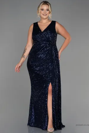 30247 Navy Blue SDraped Sequins Slit Dress
