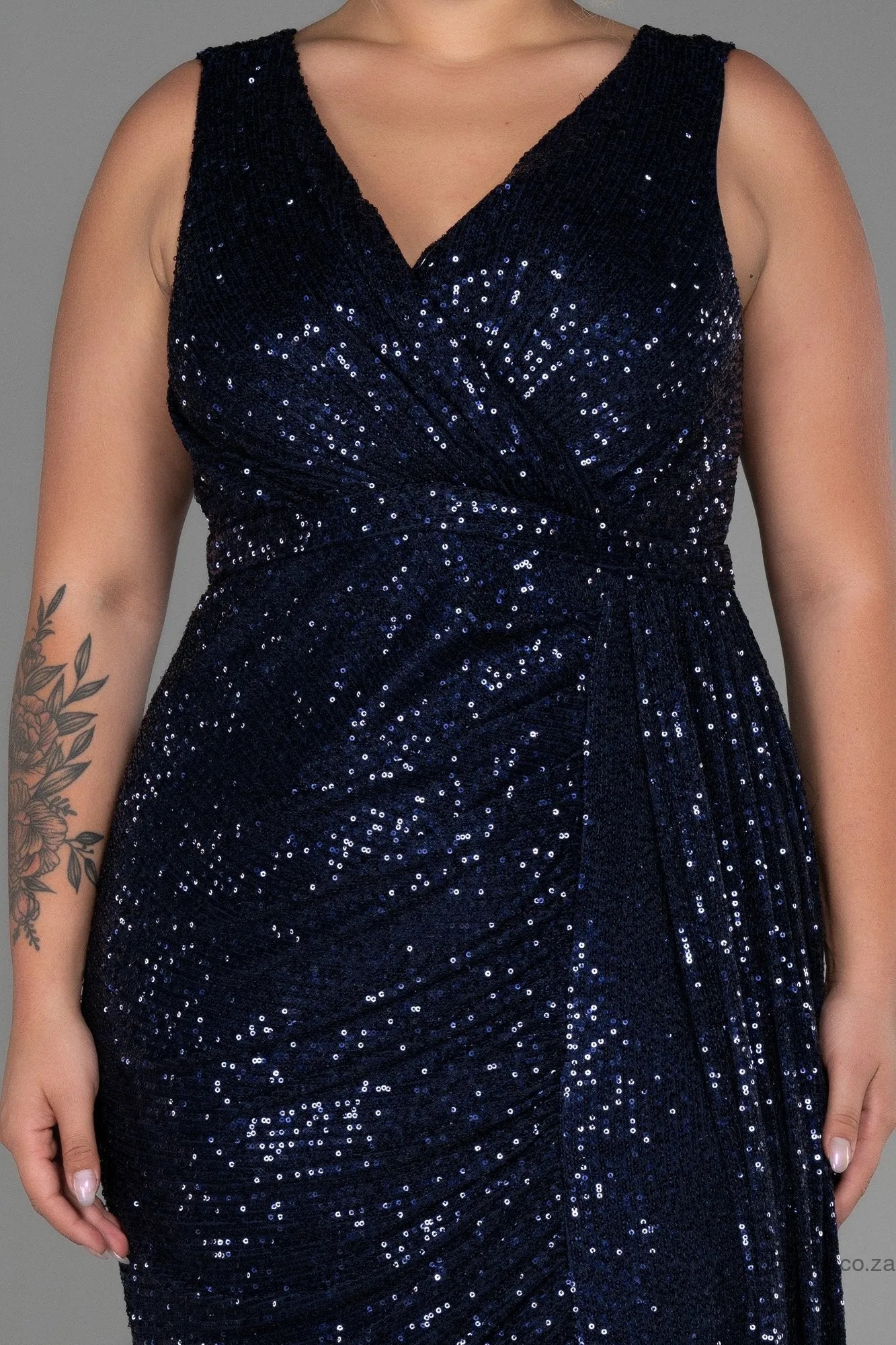 30247 Navy Blue SDraped Sequins Slit Dress