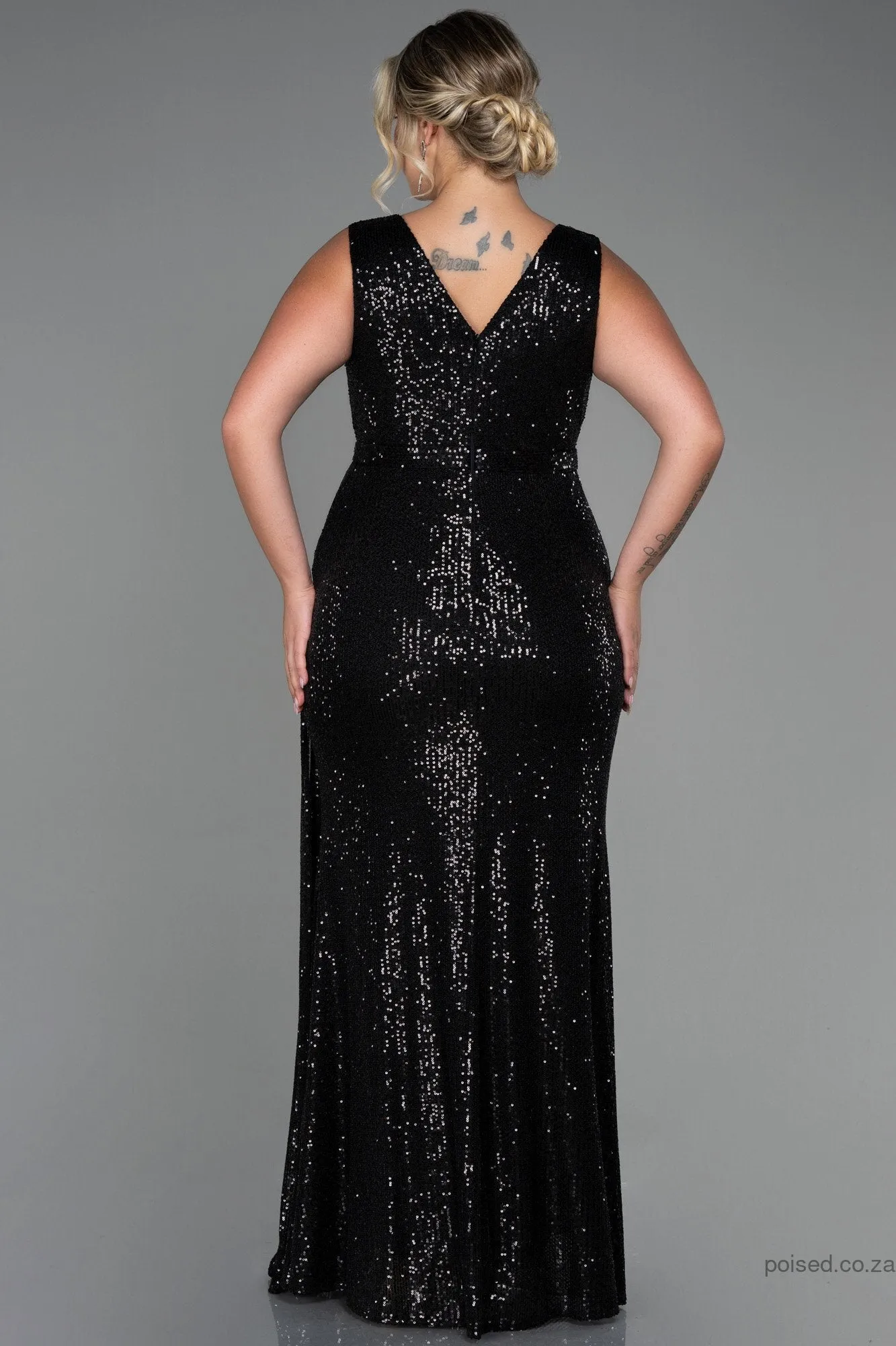 30250 Black Draped Sequins Slit Dress