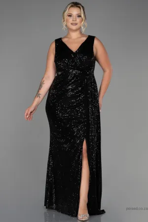 30250 Black Draped Sequins Slit Dress
