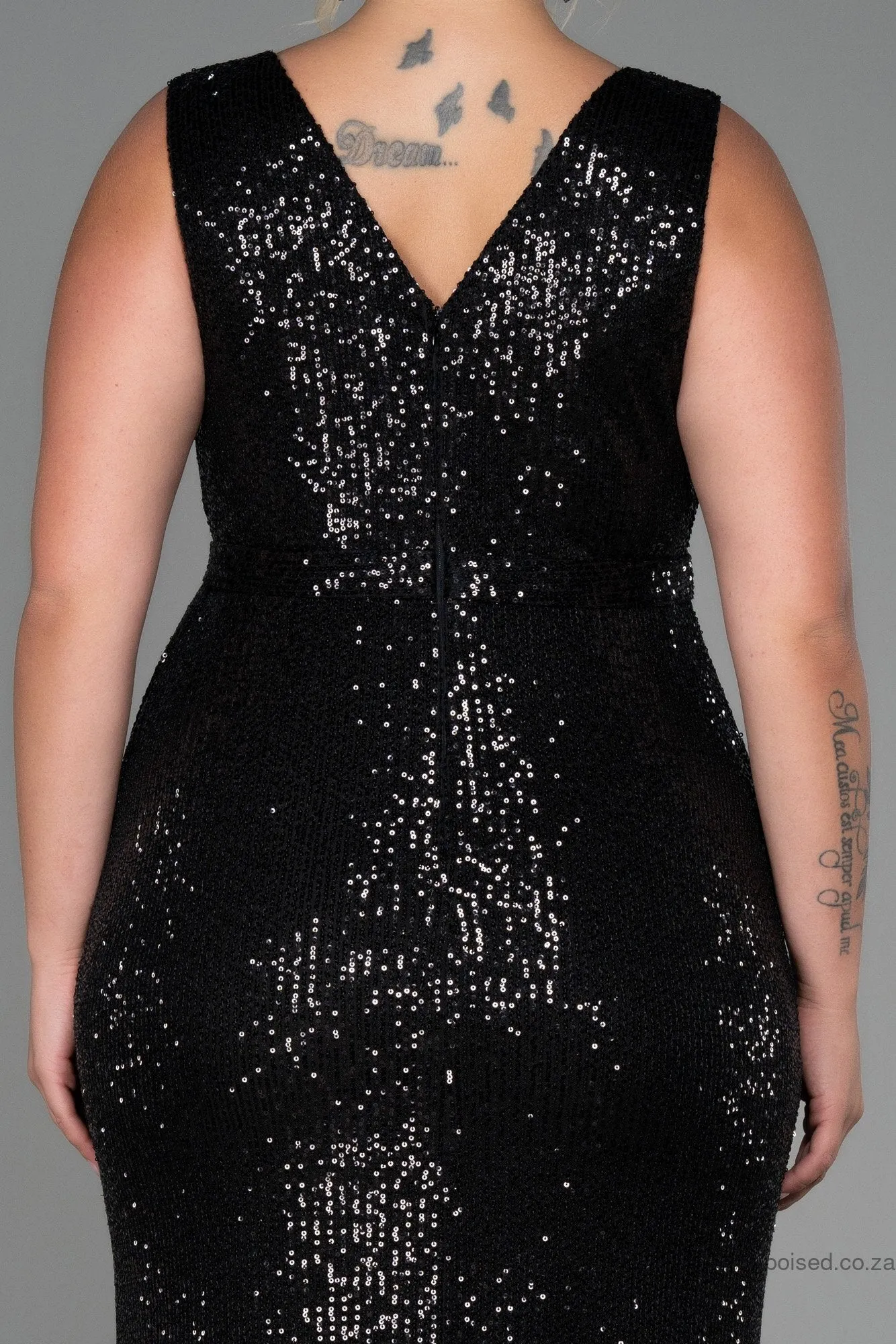 30250 Black Draped Sequins Slit Dress