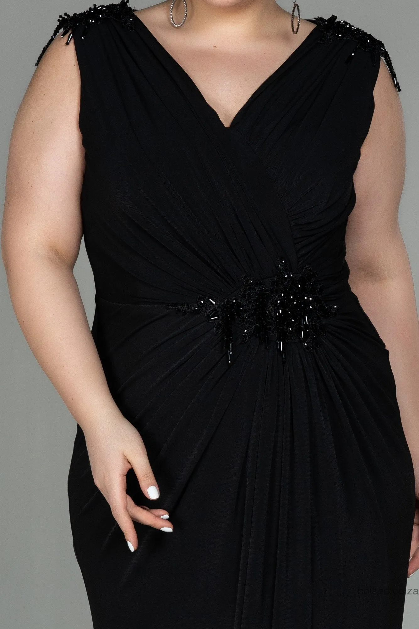 30252 Black Sleeveless Draped Slit Dress