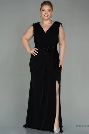 30252 Black Sleeveless Draped Slit Dress
