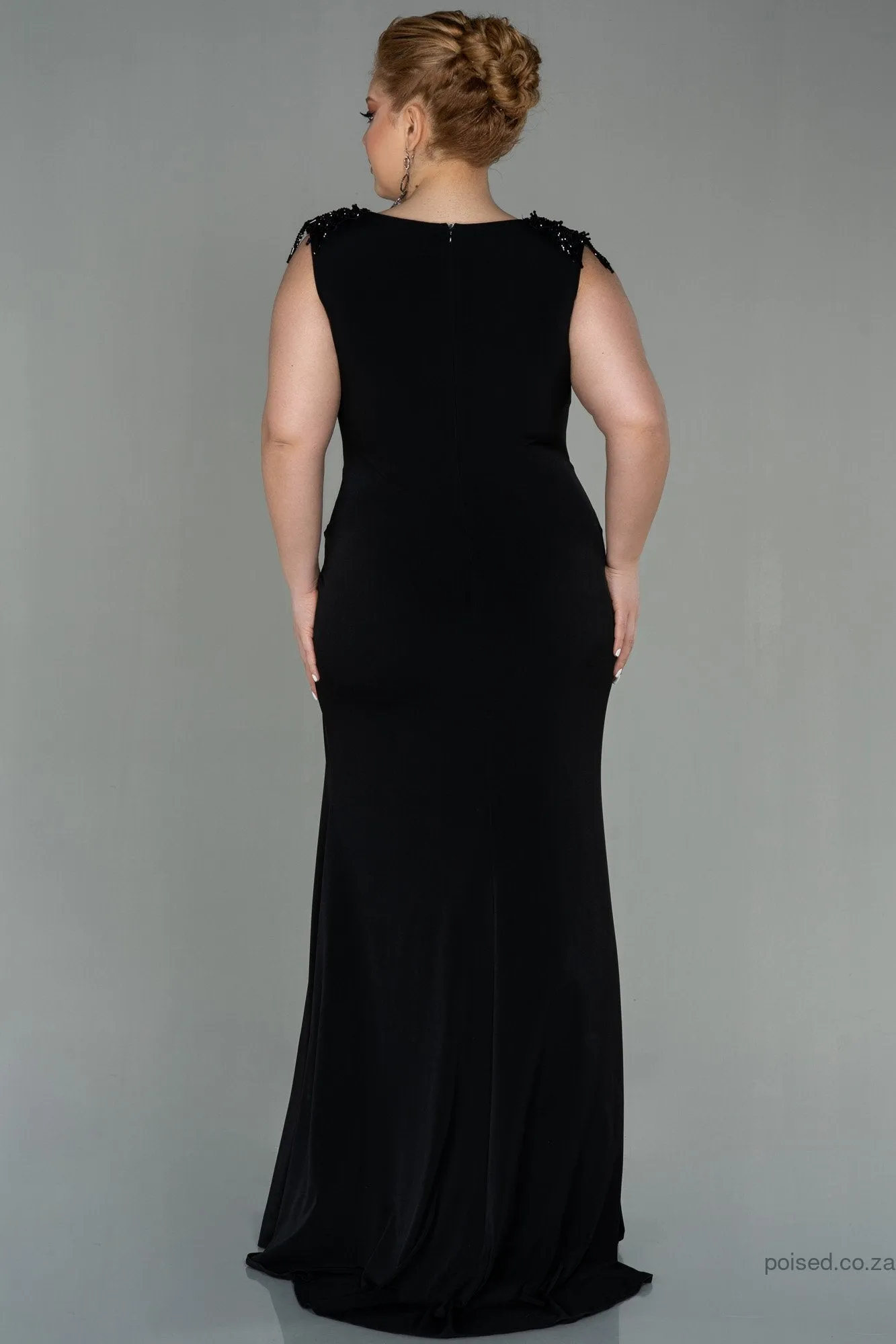 30252 Black Sleeveless Draped Slit Dress