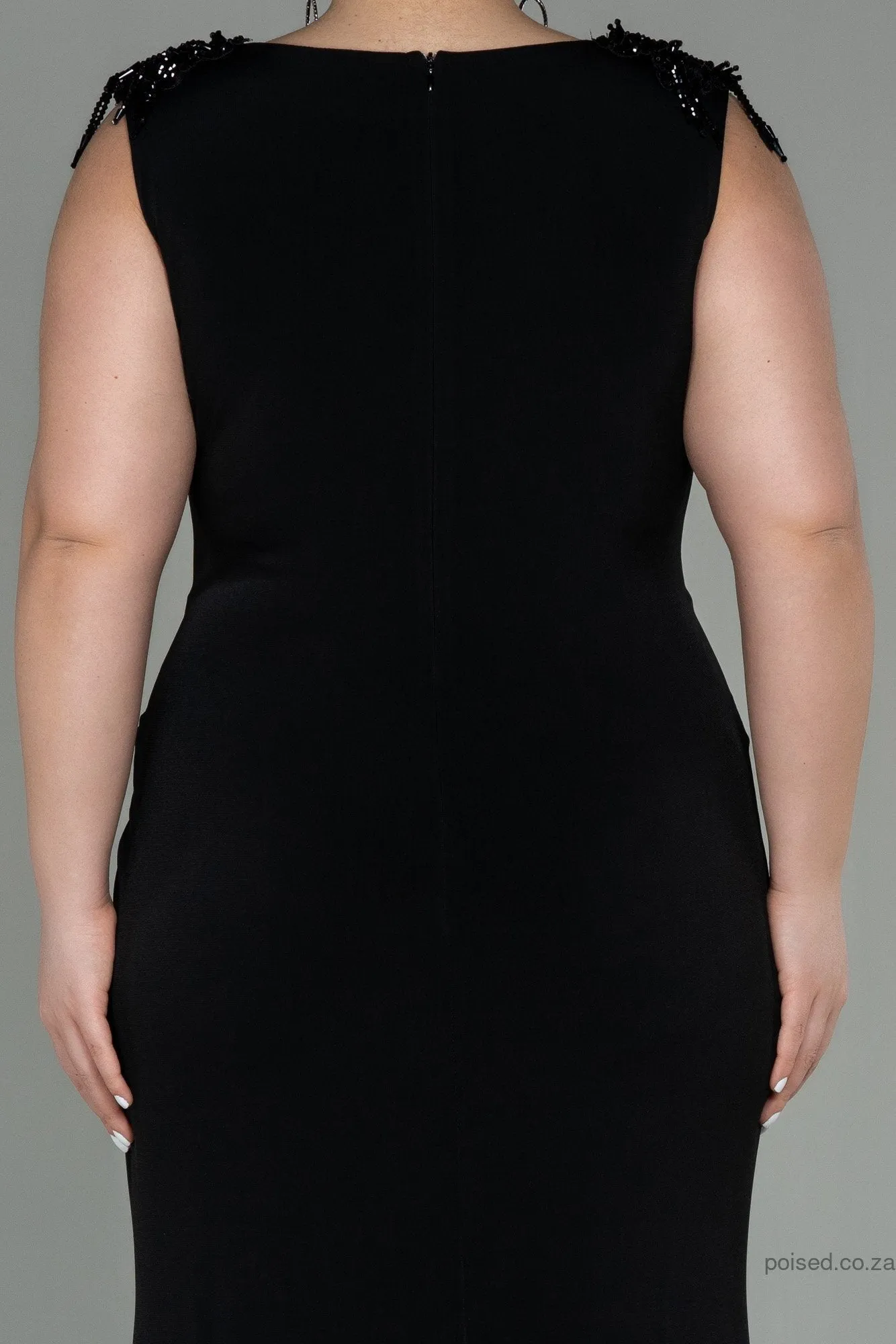 30252 Black Sleeveless Draped Slit Dress