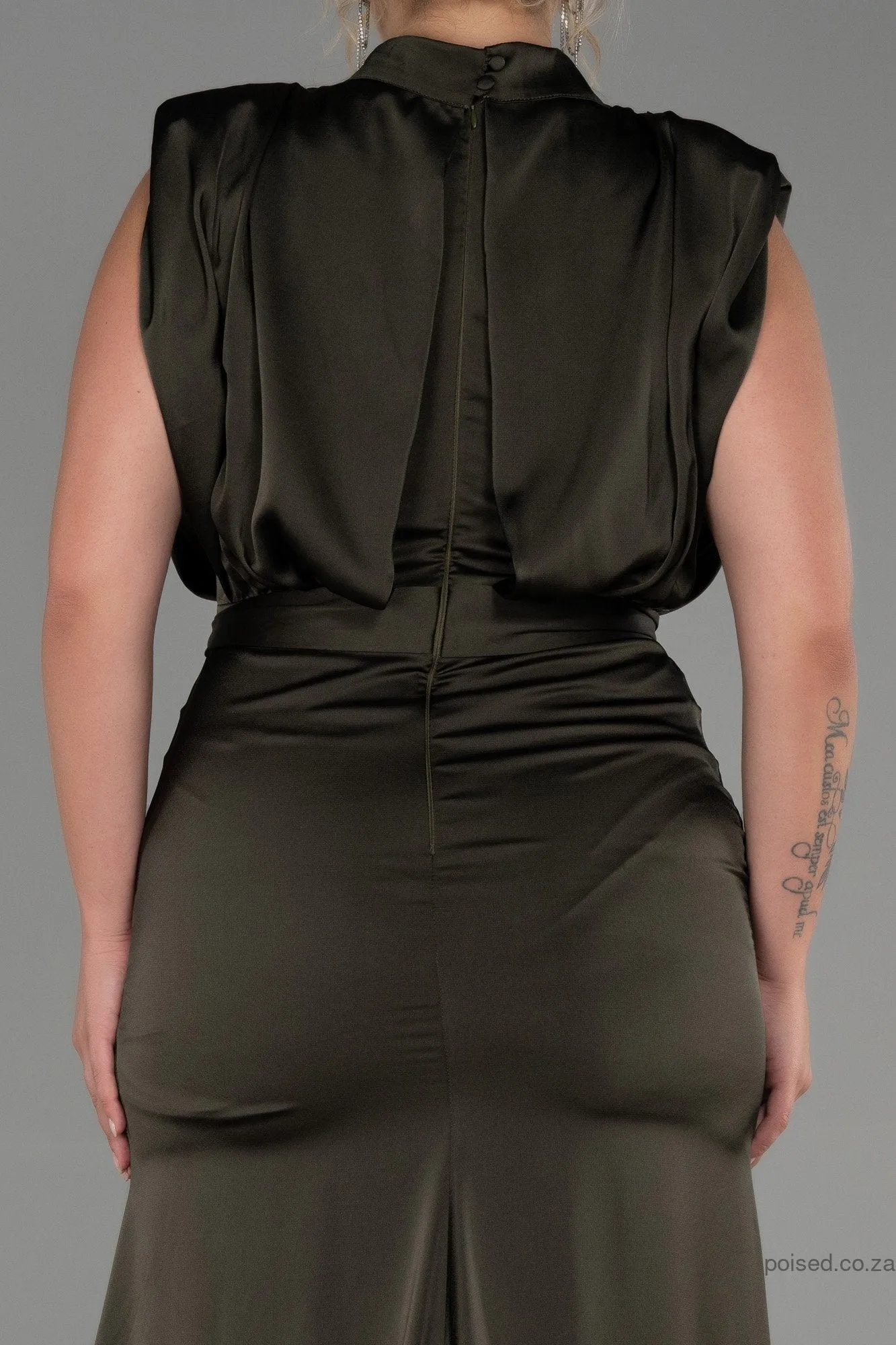 30265 Olive Green Draped Back Train Slit Dress