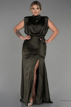 30265 Olive Green Draped Back Train Slit Dress