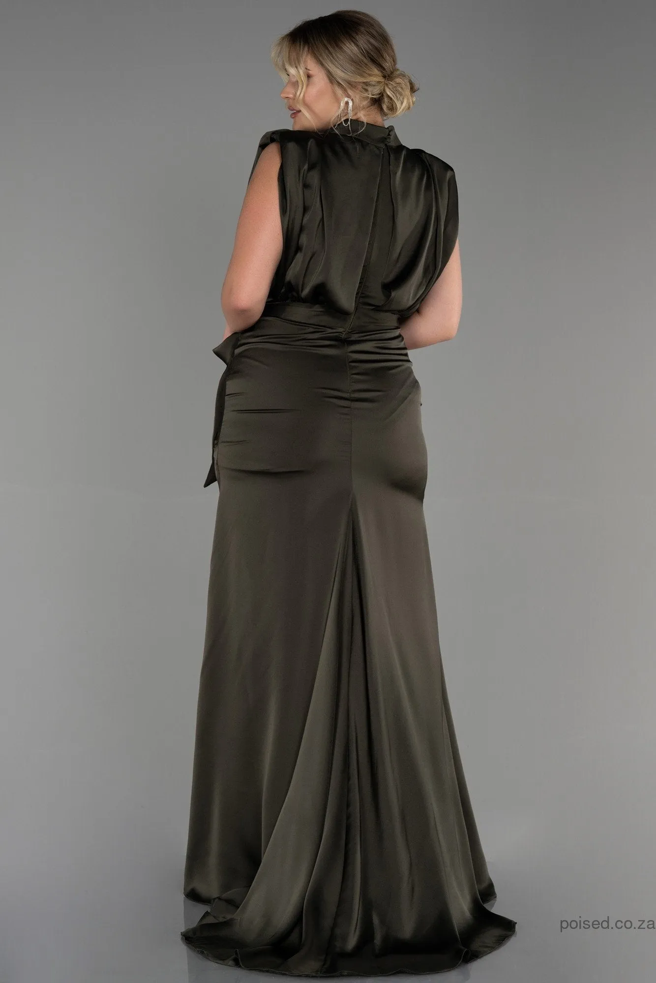 30265 Olive Green Draped Back Train Slit Dress