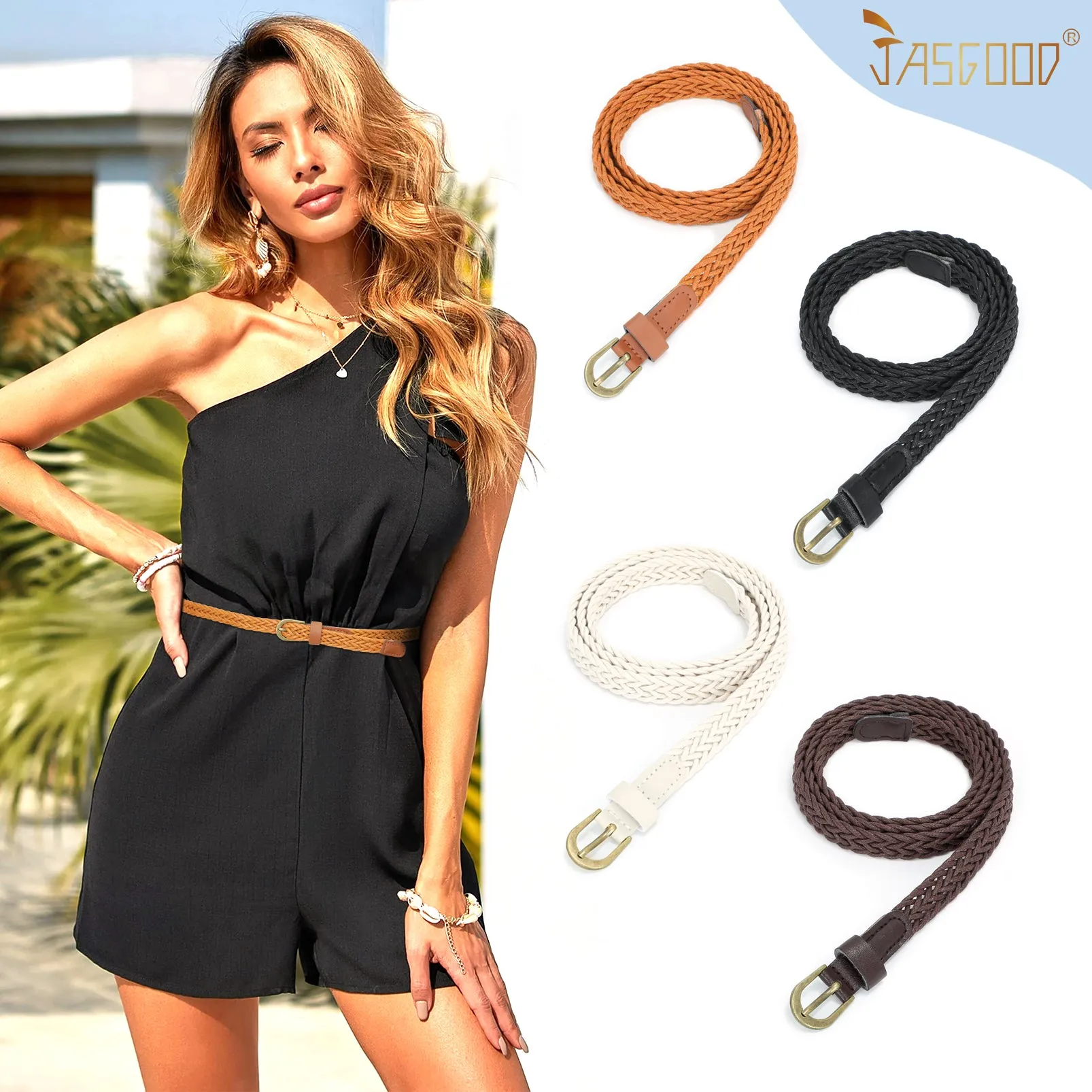 4Pack JASGOOD Braided Belt Women  Waist Belt Skinny Woven Belt for Dress