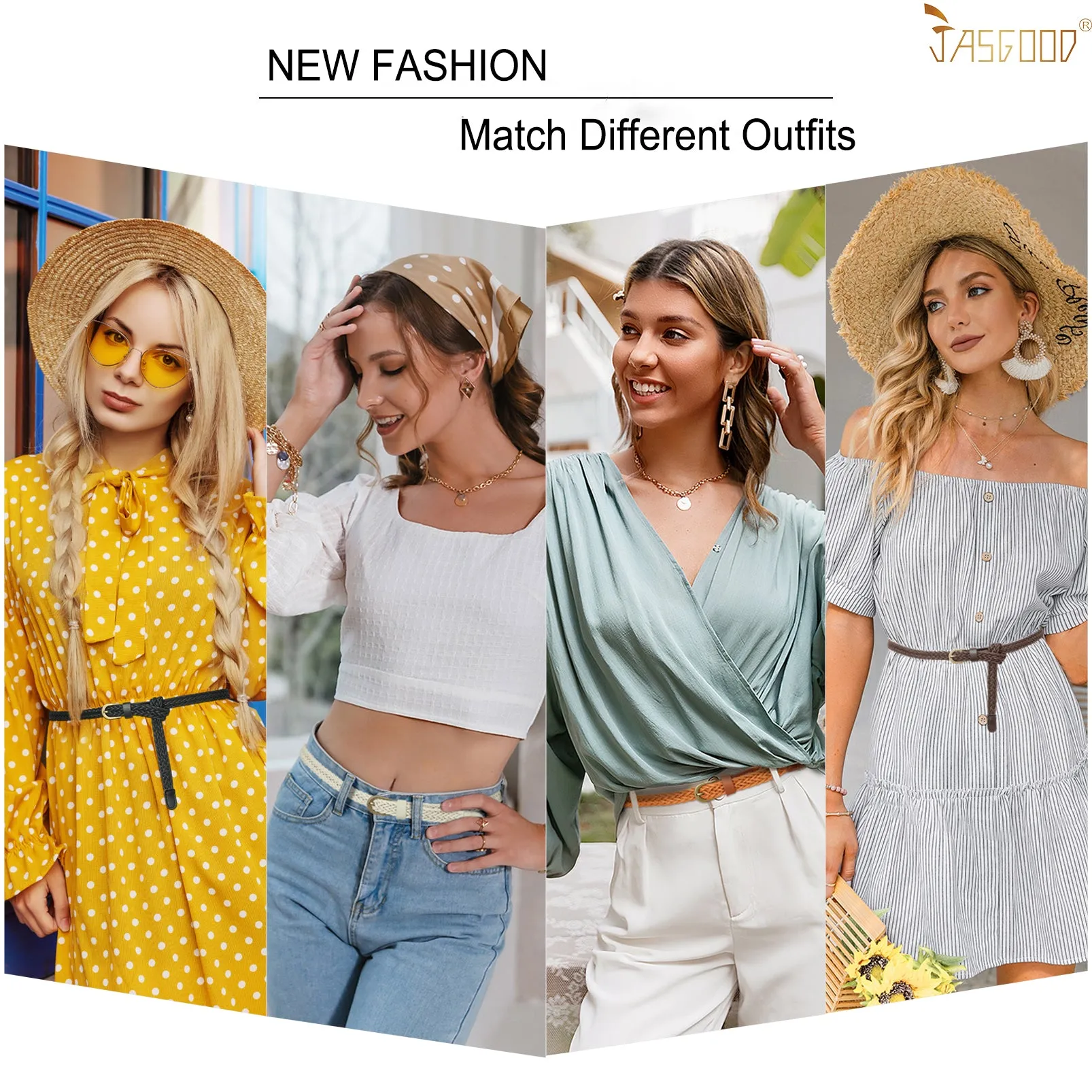4Pack JASGOOD Braided Belt Women  Waist Belt Skinny Woven Belt for Dress