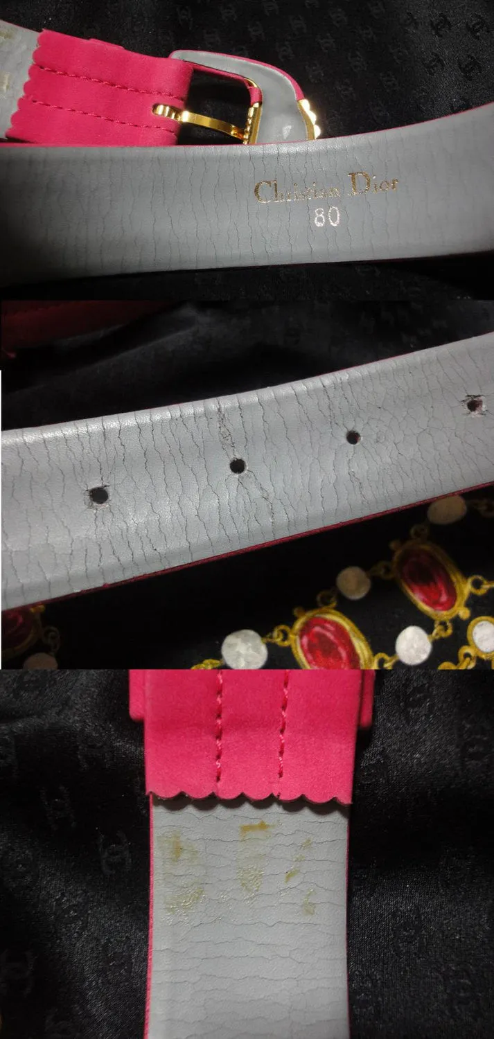 80's Vintage Christian Dior tropical pink suede leather belt with gold motif and crystal stones. Mod and chic belt from Dior.