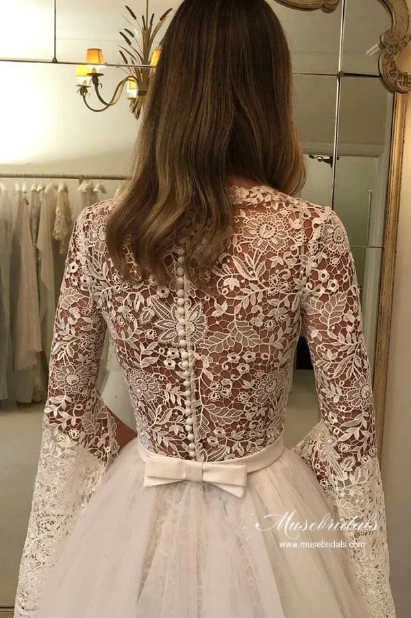 A-line Long Sleeves Floral Lace Wedding Dresses With Detachable Train, MW953