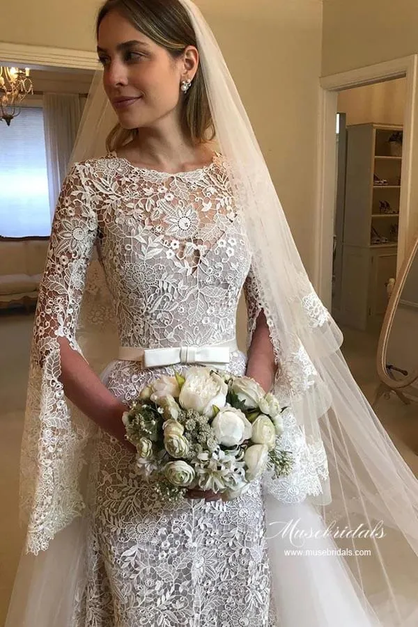 A-line Long Sleeves Floral Lace Wedding Dresses With Detachable Train, MW953