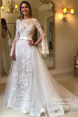 A-line Long Sleeves Floral Lace Wedding Dresses With Detachable Train, MW953