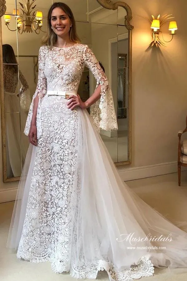 A-line Long Sleeves Floral Lace Wedding Dresses With Detachable Train, MW953