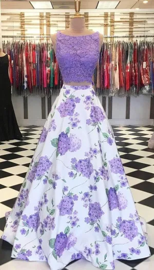 A Line Purple Floral Lace Two Piece Prom Dresses with Bowknot