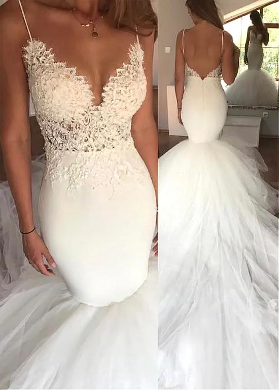 Adorable Fit And Flare Tulle Wedding Dresses Mermaid Lace Appliques Bodice Spaghetti Straps Bridal Gown