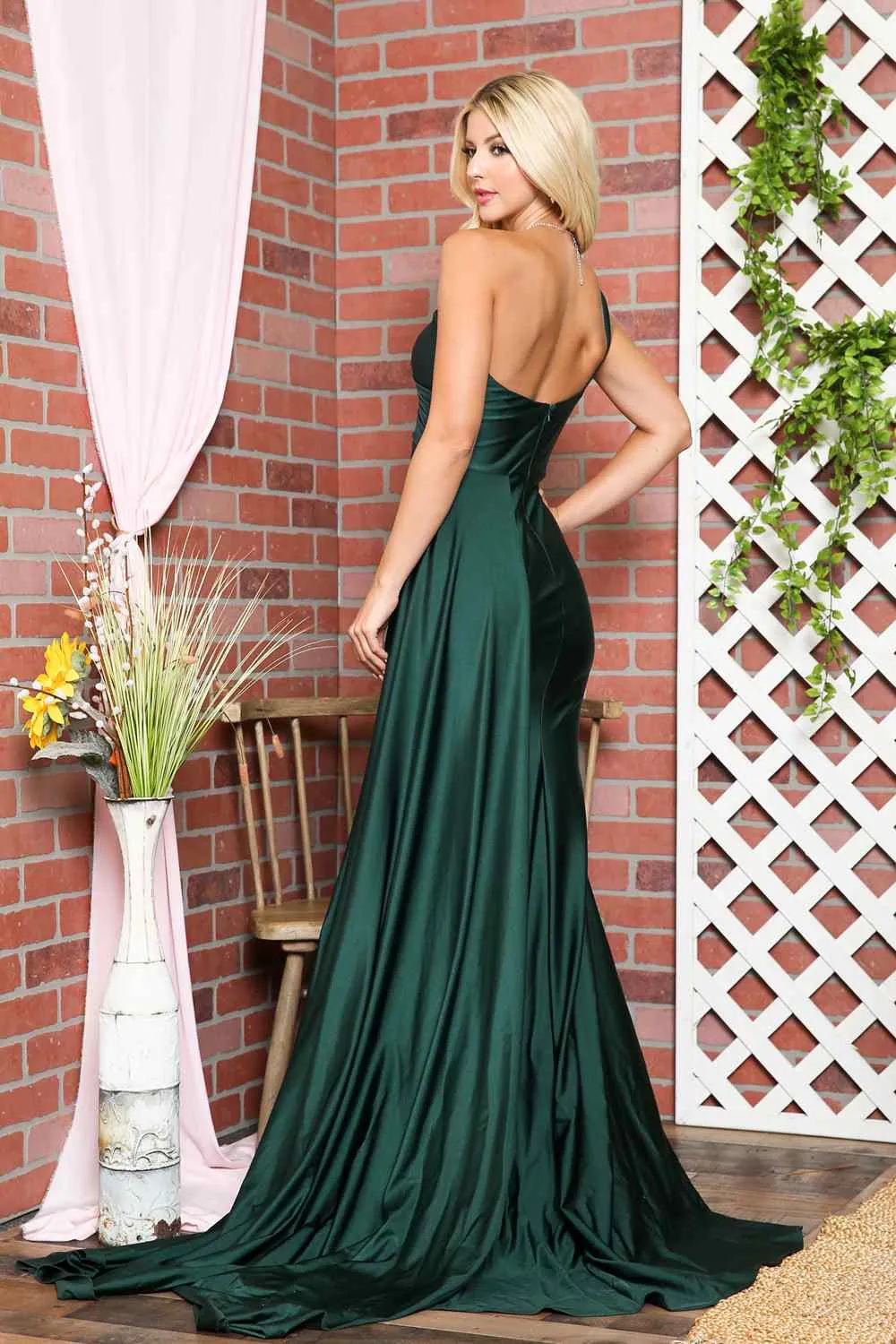 Amelia Couture 387 Long One Shoulder Fitted Fit and Flare Lycra Gown Sash