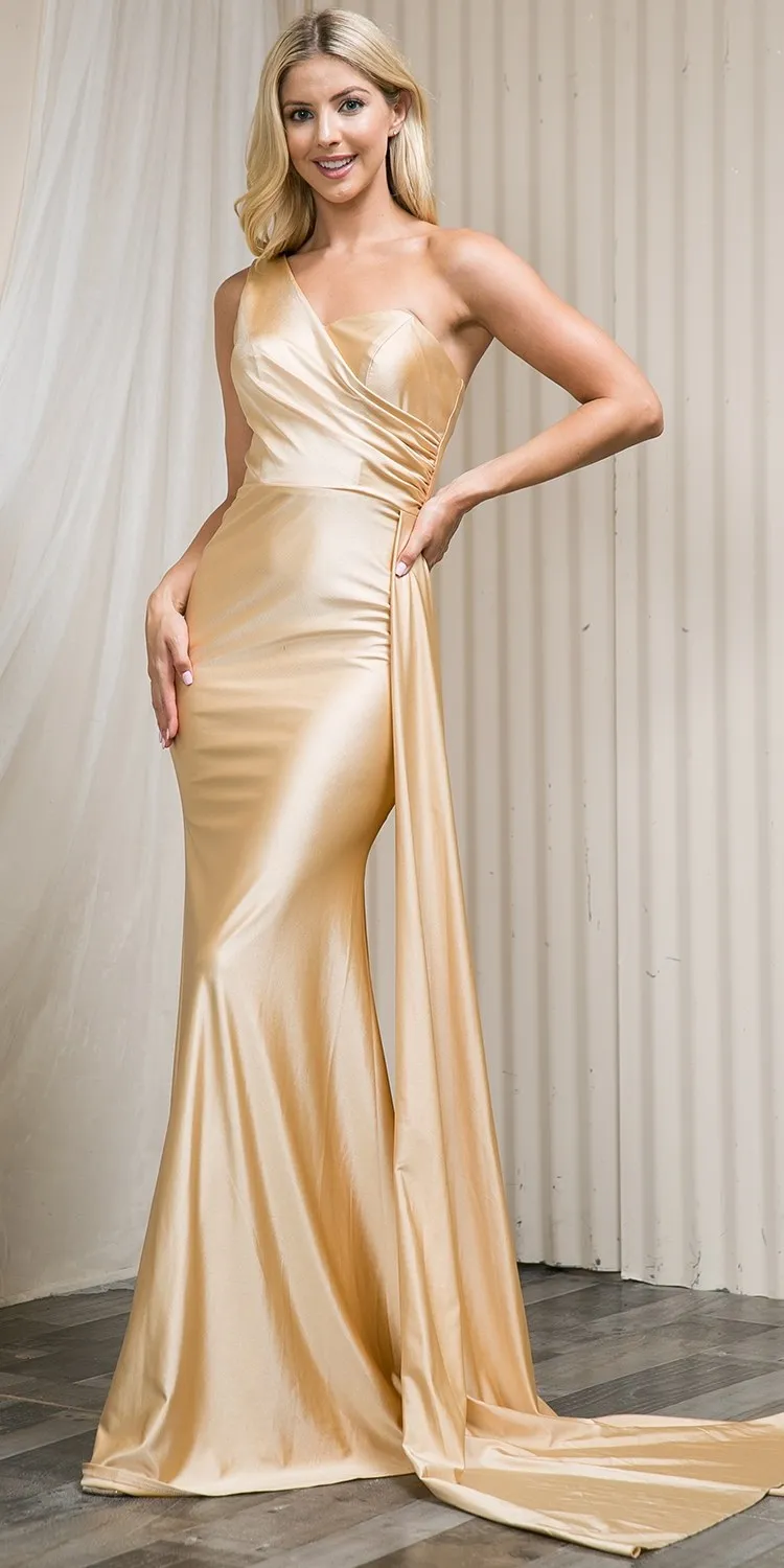 Amelia Couture 387 Long One Shoulder Fitted Fit and Flare Lycra Gown Sash