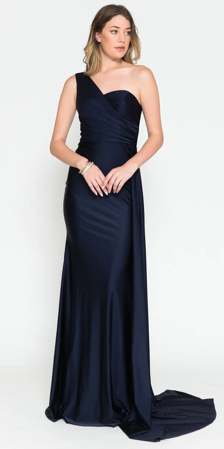 Amelia Couture 387 Long One Shoulder Fitted Fit and Flare Lycra Gown Sash