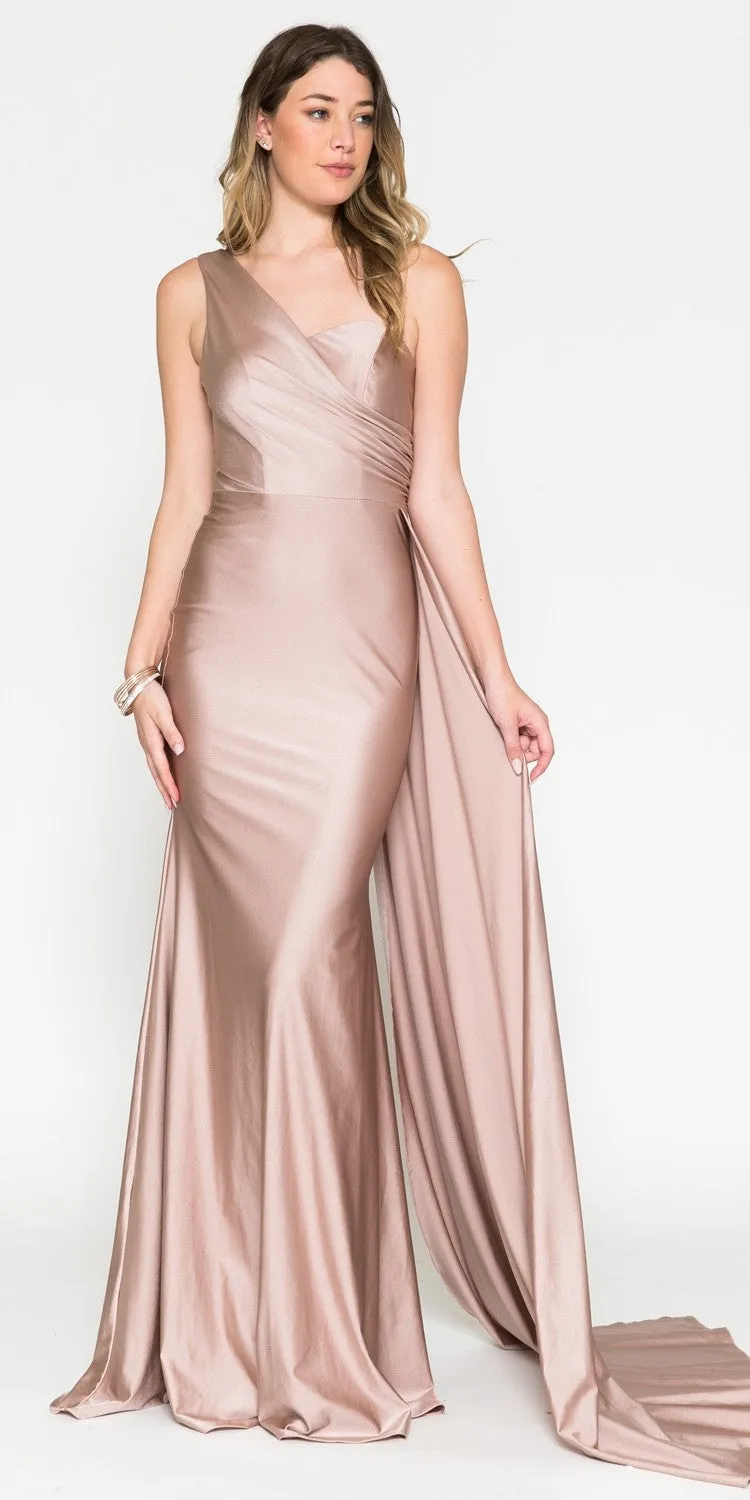 Amelia Couture 387 Long One Shoulder Fitted Fit and Flare Lycra Gown Sash