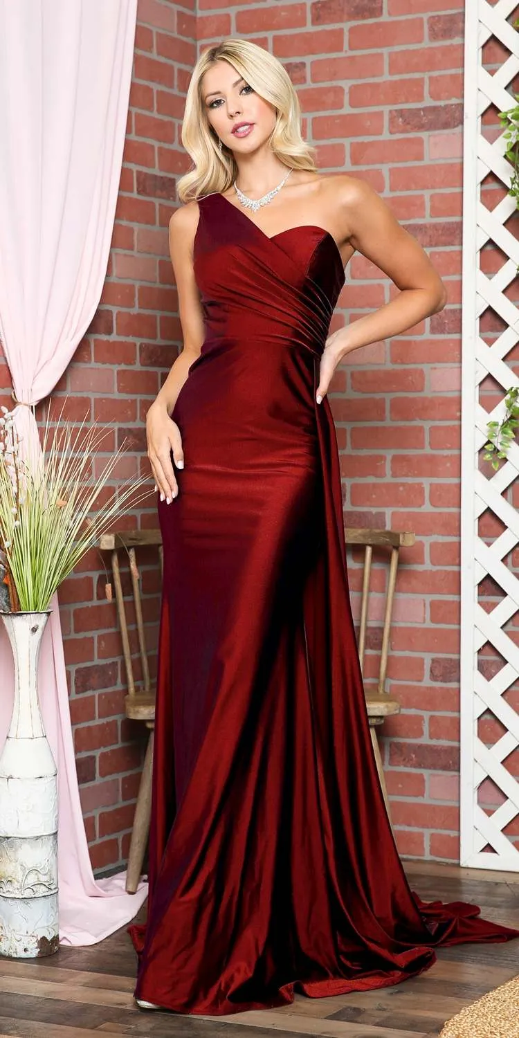 Amelia Couture 387 Long One Shoulder Fitted Fit and Flare Lycra Gown Side Sash