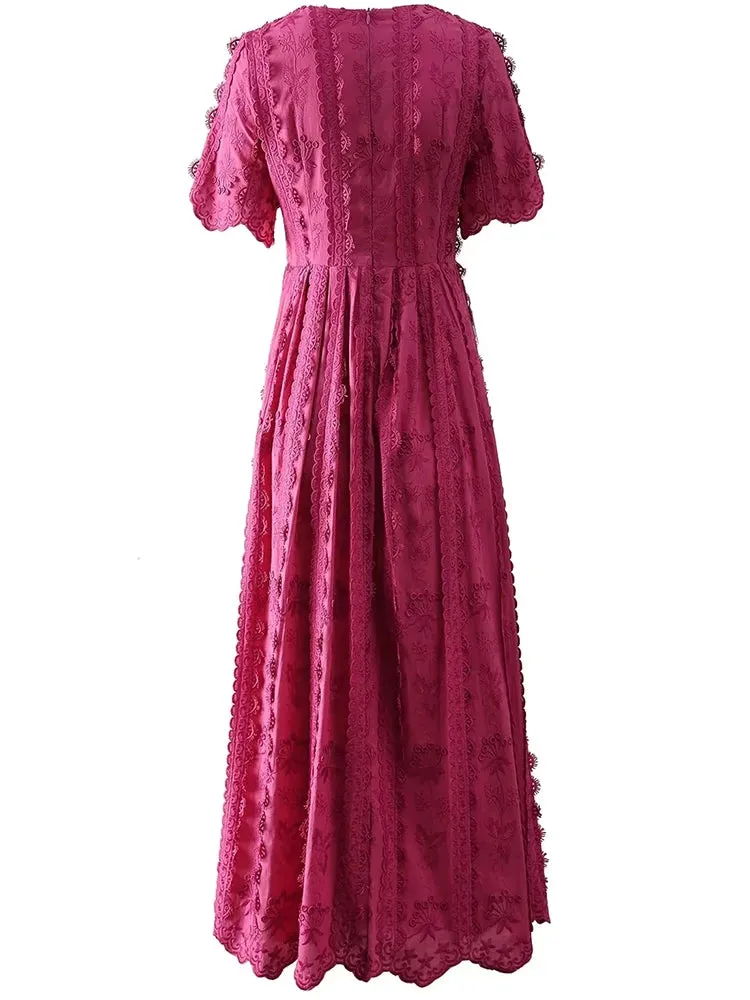 Ann-Marie O-Neck Short Sleeve Sashes Floral  Embroidery Elegant Party Dress