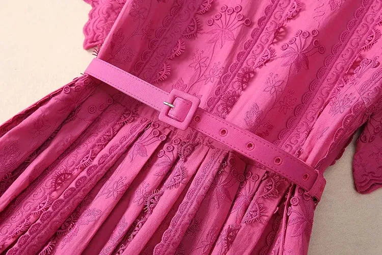 Ann-Marie O-Neck Short Sleeve Sashes Floral  Embroidery Elegant Party Dress