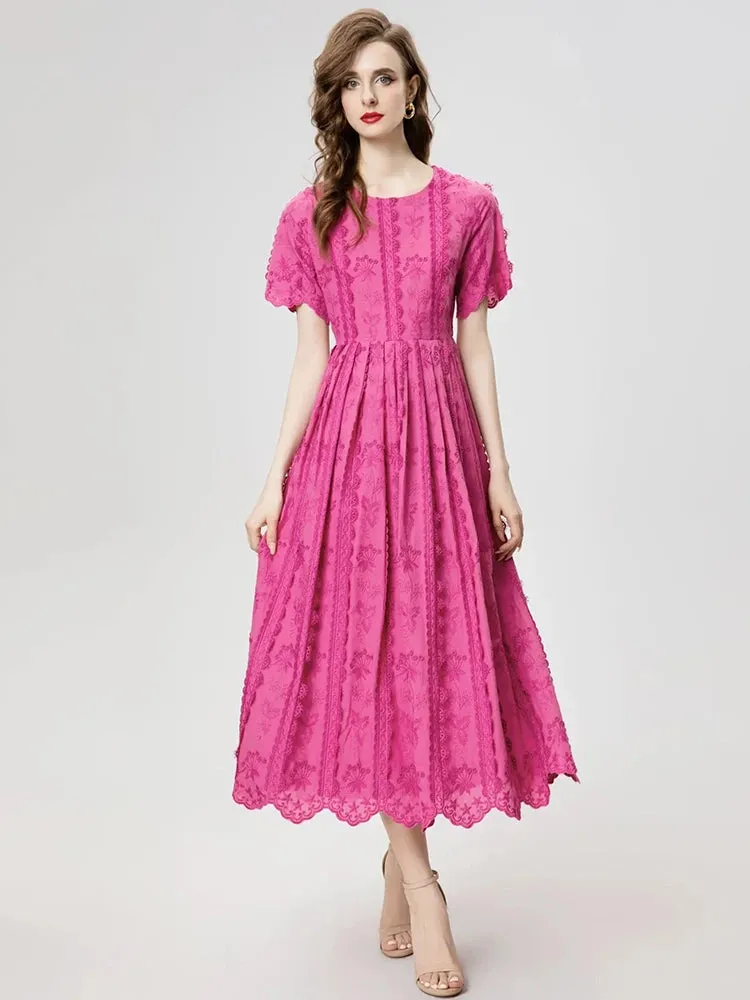 Ann-Marie O-Neck Short Sleeve Sashes Floral  Embroidery Elegant Party Dress