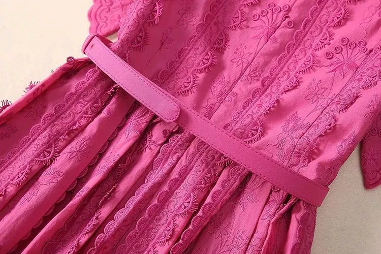 Ann-Marie O-Neck Short Sleeve Sashes Floral  Embroidery Elegant Party Dress